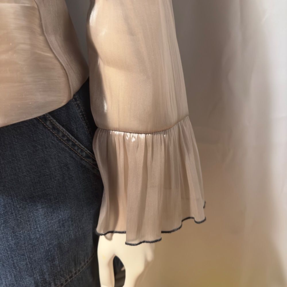 Vintage Gold Chiffon Sheer Organza Shirred Blouse Ruffled Sleeves Size Me… - Picture 3 of 6